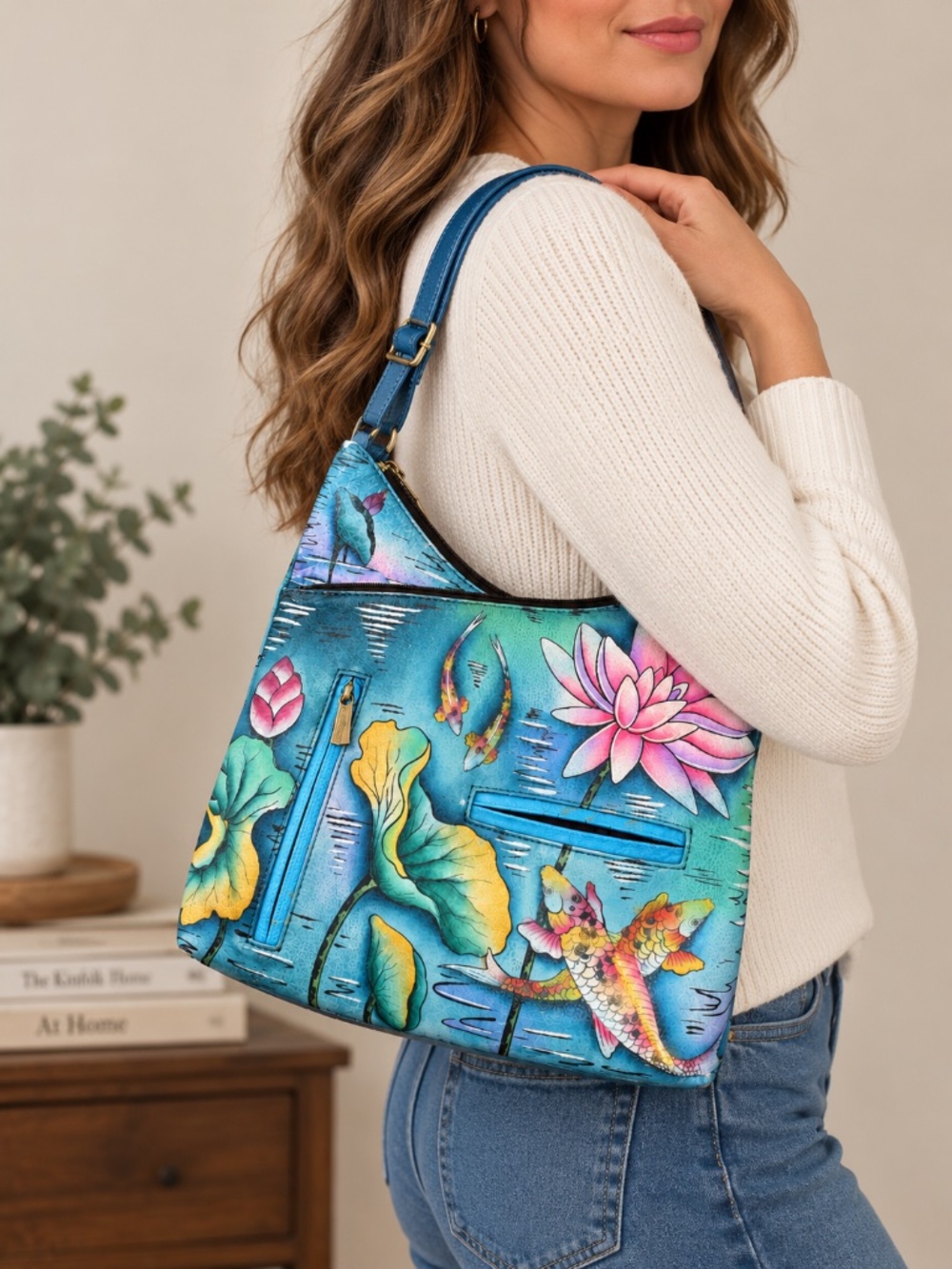 Anuschka Hand Painted Leather Koi Fish Lotus Hobo Shoulder Bag - Picture 2 of 9